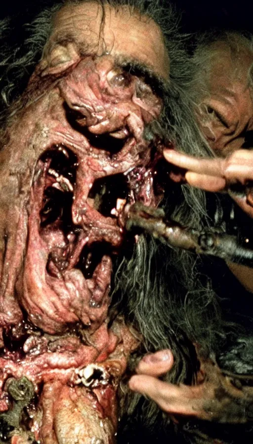 Image similar to a disgusting vile monster eating a man from The Thing, The Fly by Cronenberg and greg nicotero