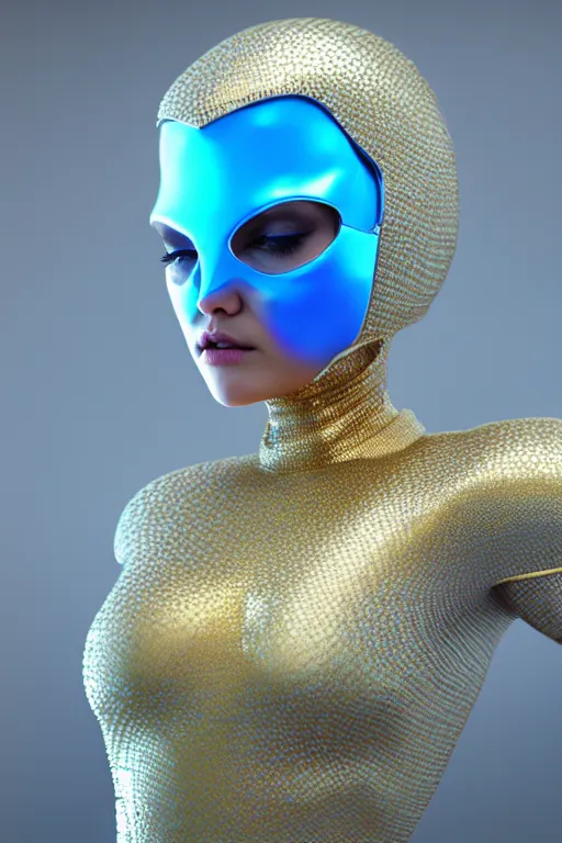 Image similar to detailed portrait ultra glam cyber noun, attractive feminine curves, intricate, scifi, futuristic, elegant cape, elegant, alien room background, white, blue, gold, photorealism, trending on artstation, holy halo, advanced technology, art by moebius and vitaly bulgarov and chanthara