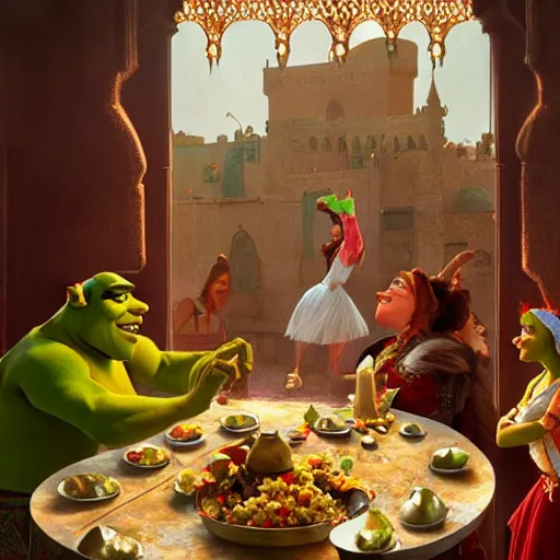 Image similar to shrek eats couscous with his family at a moroccan festival while everyone dances in joy, highly detailed, digital painting, artstation, concept art, sharp focus, illustration, art by greg rutkowski and alphonse mucha