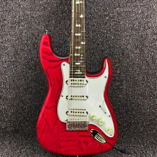 Prompt: electric guitar with a red and white swirl paint finish