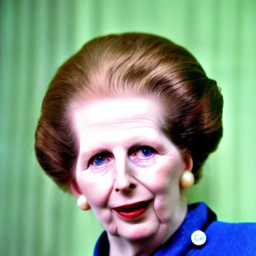 Image similar to Margaret Thatcher wearing cat ears, colour photography