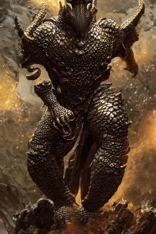 Prompt: a bronze-scaled dragonborn with numerous hornlike protrusions, dnd, fantasy, concept art, symmetrical face, reptilian features, beautiful bronze textured scales, glowing eyes, portrait, character portrait, Damien Guimoneau, Marcus Whinney, Keita Okada, Antonio J. Manzanedo, cinematic vision, ultra high detail, trending on artstation, 8k, high quality image