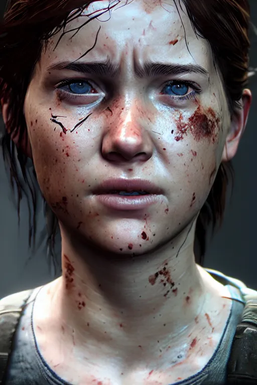 Image similar to ultra realistic facial portrait of ellie from the last of us part 2, digital art, character portrait, highly detailed, trending on artstation, lens flare, atmosphere, hyper realistic, cinematic lightning, sharp focus, unreal engine 5, extreme details perfect face, pretty face, fine - face, illustration, 8 k, ultra texture, masterpiece