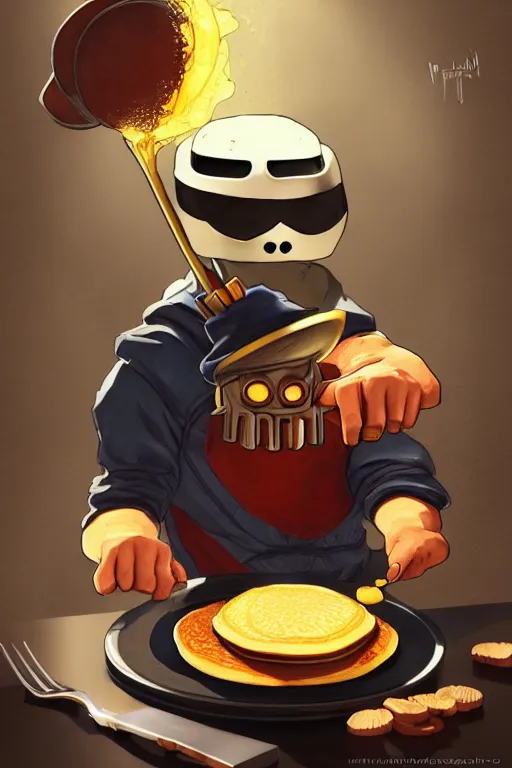 Image similar to professional photographic shoot mf doom making pancakes, animation pixar style, by pendleton ward, magali villeneuve, artgerm, rob rey and kentaro miura style, golden ratio, trending on art station