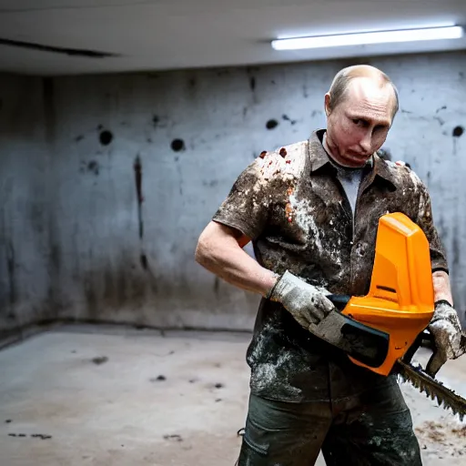 Image similar to putin with a chainsaw and a corpse. in a concrete bunker. focus on putins face with blood splatters. canon eos r 3, f / 1. 4, iso 1 6 0 0, 1 / 8 0 s, 8 k, raw, grainy