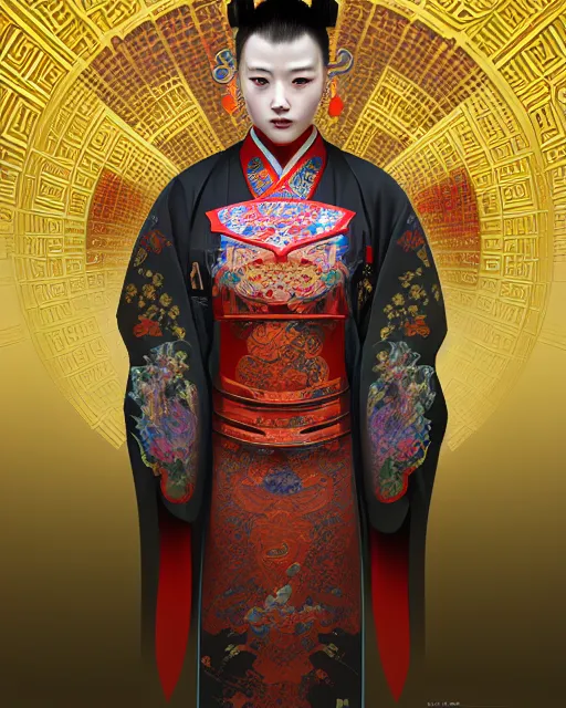 Image similar to portrait of a chinese cyberpunk machine, machine face, robed, upper half portrait, decorated with chinese opera motifs, regal, asian, fine china, wuxia, traditional chinese art intricate intense elegant 京 剧 highly detailed digital painting artstation concept art smooth sharp focus illustration, art by artgerm and greg rutkowski alphonse mucha 8 k