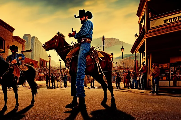 Image similar to an extremely detailed masterpiece photograph of two cowboy gunslinger facing off from a low angle in the crowed streets of durango, digital art, epic scene, cinematic lighting, tensive mood, silverado, 8 k