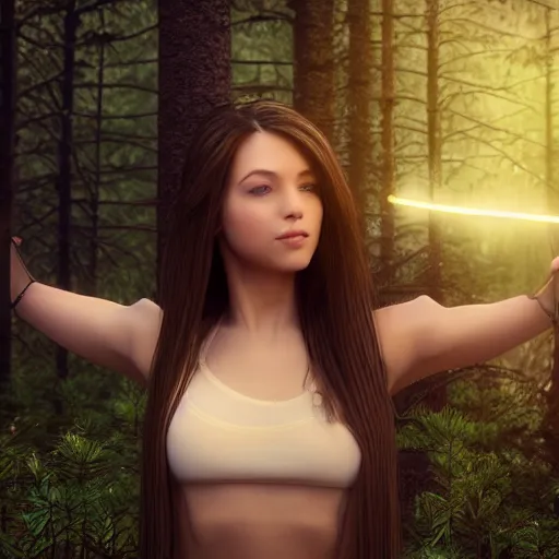 Prompt: real life photo of a beautiful girl, full body photoshoot, long brown hair, brown eyes, full round face, short smile, belly free, forest setting, cinematic lightning, medium shot, mid - shot, highly detailed, trending on artstation, unreal engine 4 k, 8 0 mm, 8 5 mm, cinematic wallpaper