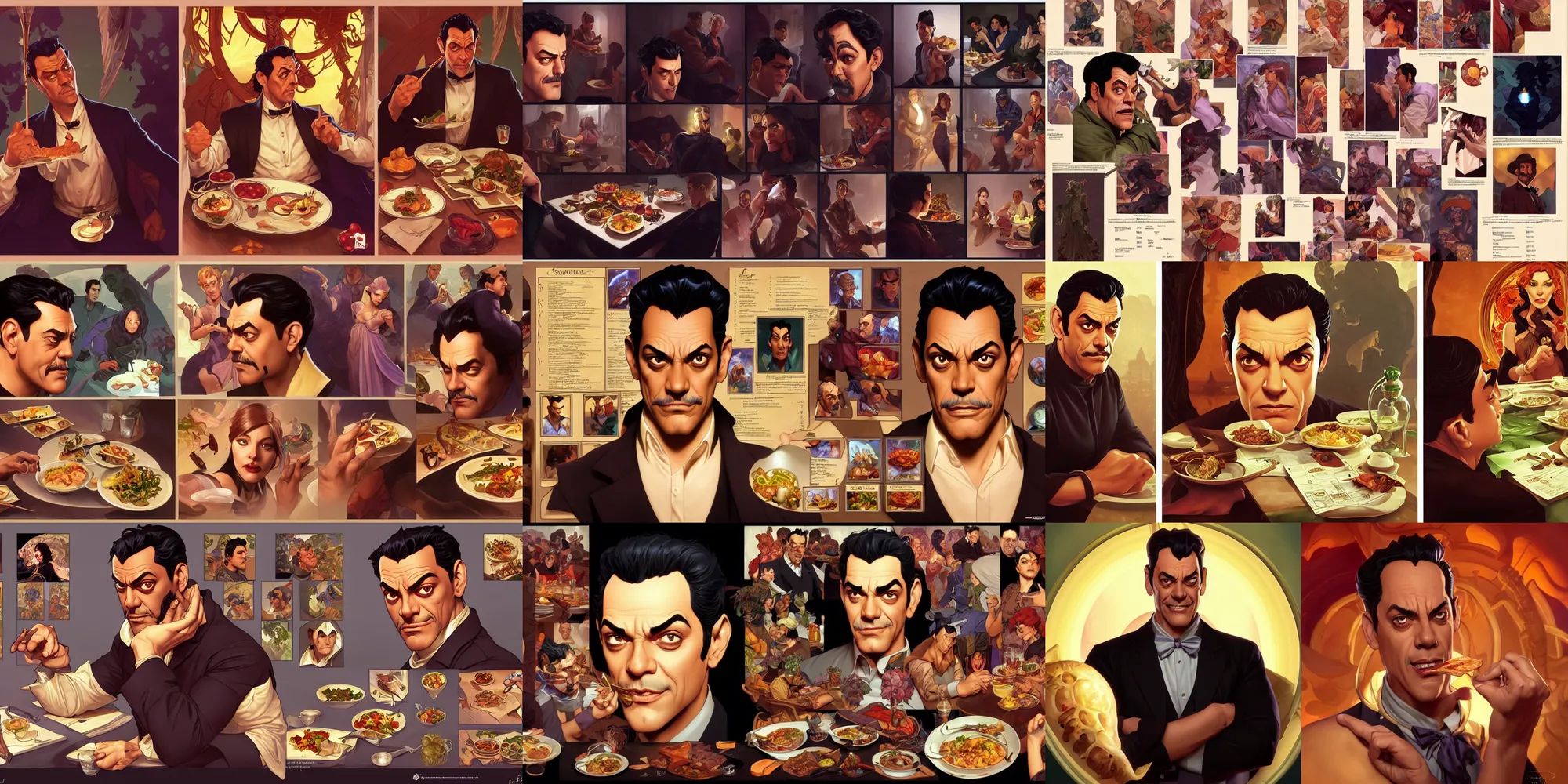 Prompt: raul julia eating dinner, character sheet, character design, contrast, deep focus, turnaround, highly detailed, dramatic lighting, digital painting, artstation, concept art, matte, sharp focus, illustration, elegant, art by artgerm and greg f and alphonse mucha.