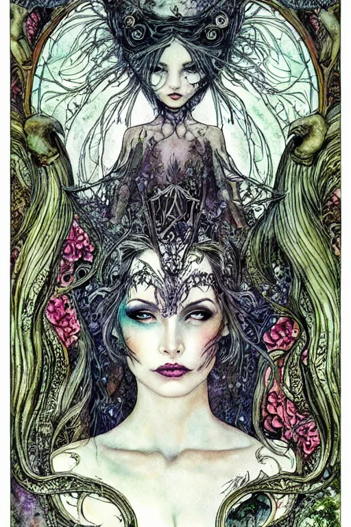 Image similar to dark fairy queen closeup face surrounded by floral frame, art by luis royo and walter crane and kay nielsen, watercolor illustration,