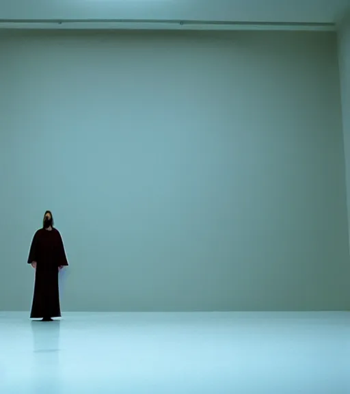 Prompt: Jesus in a white empty room, film still from the movie directed by Denis Villeneuve with art direction by Salvador Dalí, wide lens