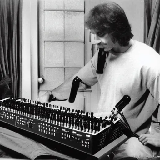 Image similar to Richard D. James playing with his homemade synthesizers