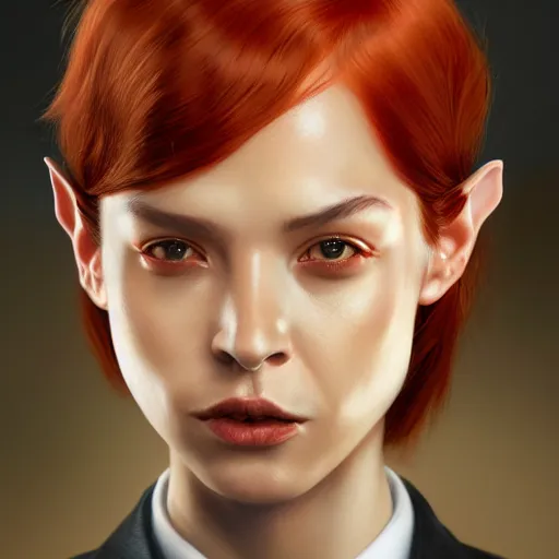 Image similar to portrait of a beautiful nonbinary model with tan skin and messy short red hair wearing a men's suit, elf ears and copper eyes, by Gerald Brom and Ross Tran, hyper-realistic, soft lighting, 4K, trending on artstation