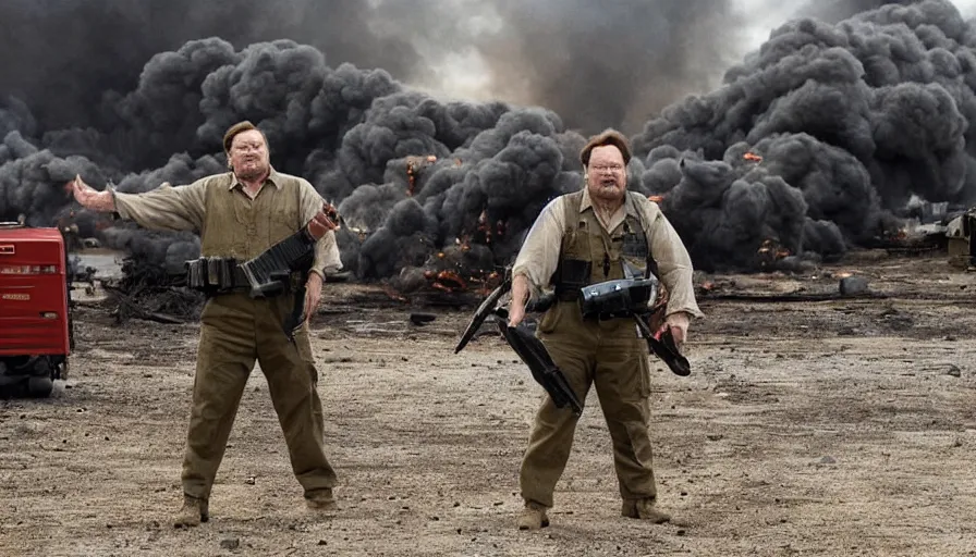 Prompt: Stephen Root as Milton in full battle gear with red stapler in a military assault in the style of stephen spielberg, motion picture still, explosions, gunfire, armored tanks, intense, highly detailed, photorealistic,