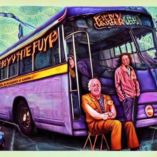 Prompt: a hyperrealistic portrait of Ken Kesey and The Merry Pranksters in front of the psychedelic Furthur bus, trending on artstation”