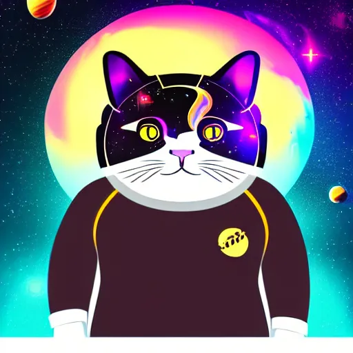 Prompt: A serious-looking fat cat wearing a space-suit, the background is inspired by two colliding galaxies, e-sports logo vector