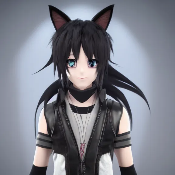 Image similar to 3D render of a cute emo anime boy with cat ears and tail, fantasy artwork, fluffy, close-up, award winning, hyper detailed, very very very beautiful, studio lighting, artstation, unreal engine, unreal 5, 4k, octane renderer