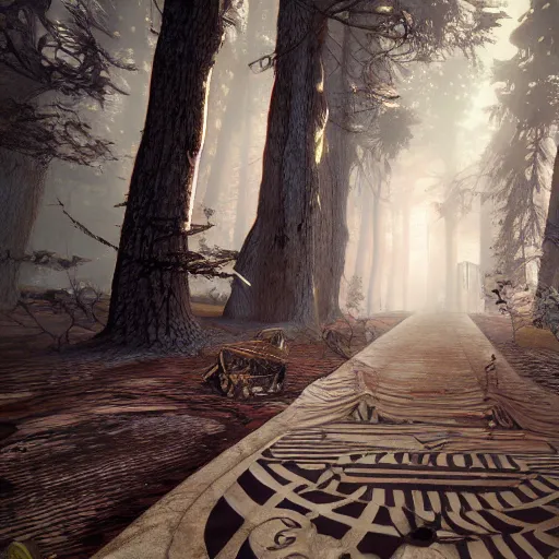 Prompt: realistic artnouveau style american mcgee's alice mysterious portrait madness returns layers of fear style in a foggy twisted forestsharp focus very detailed 8 k cinematic