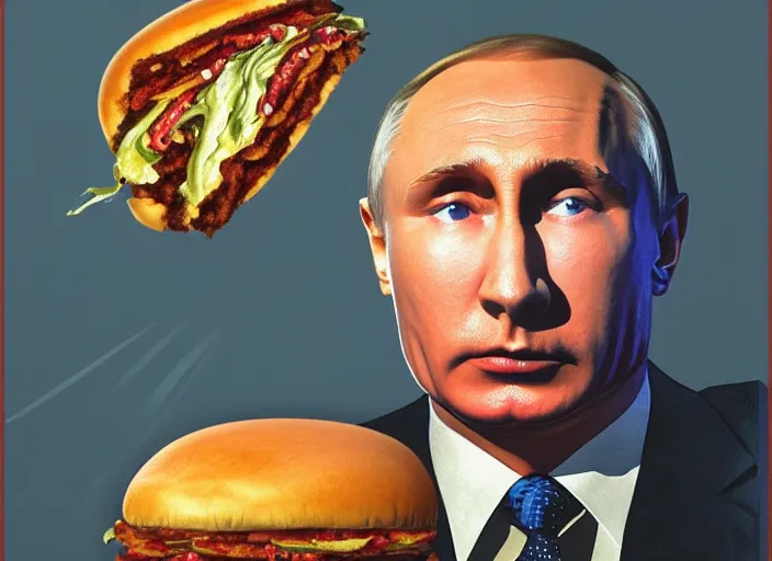 Image similar to face of a putin jammed between hamburger buns, leaking with puss, 4k, trending on artstation, Frank Frazetta, Norman Saunders