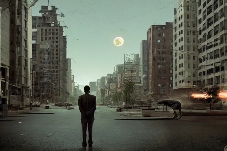 Prompt: Mysterious man standing in the middle of a sci-fi street photo by Gregory Crewdson, it\'s a city on the Moon