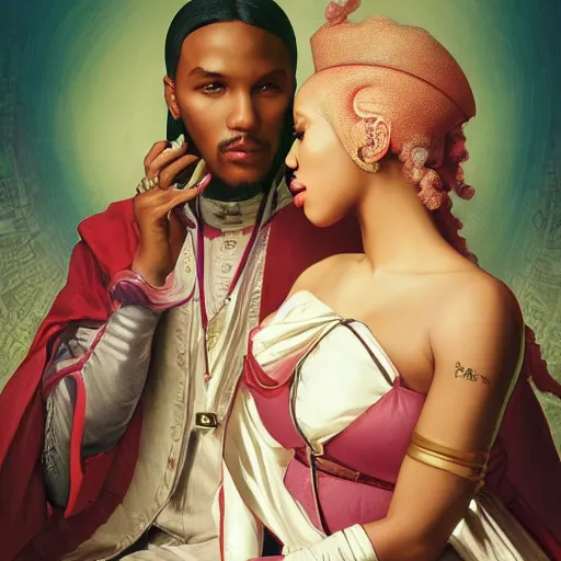 Prompt: Nicki Minaj and Cardi B sitting together as popes, headshot, painted renaissance character portrait, highly detailed, painting, artstation, sharp focus, art by artgerm and greg rutkowski and alphonse mucha and magali villeneuve