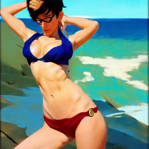 Image similar to greg manchess painting of tracer wearing a bikini in a beach, medium shot, organic painting, sunny day, bold shapes, hard edges, street art, trending on artstation, by huang guangjian and gil elvgren and sachin teng and artgerm and greg rutkowski and alphonse mucha