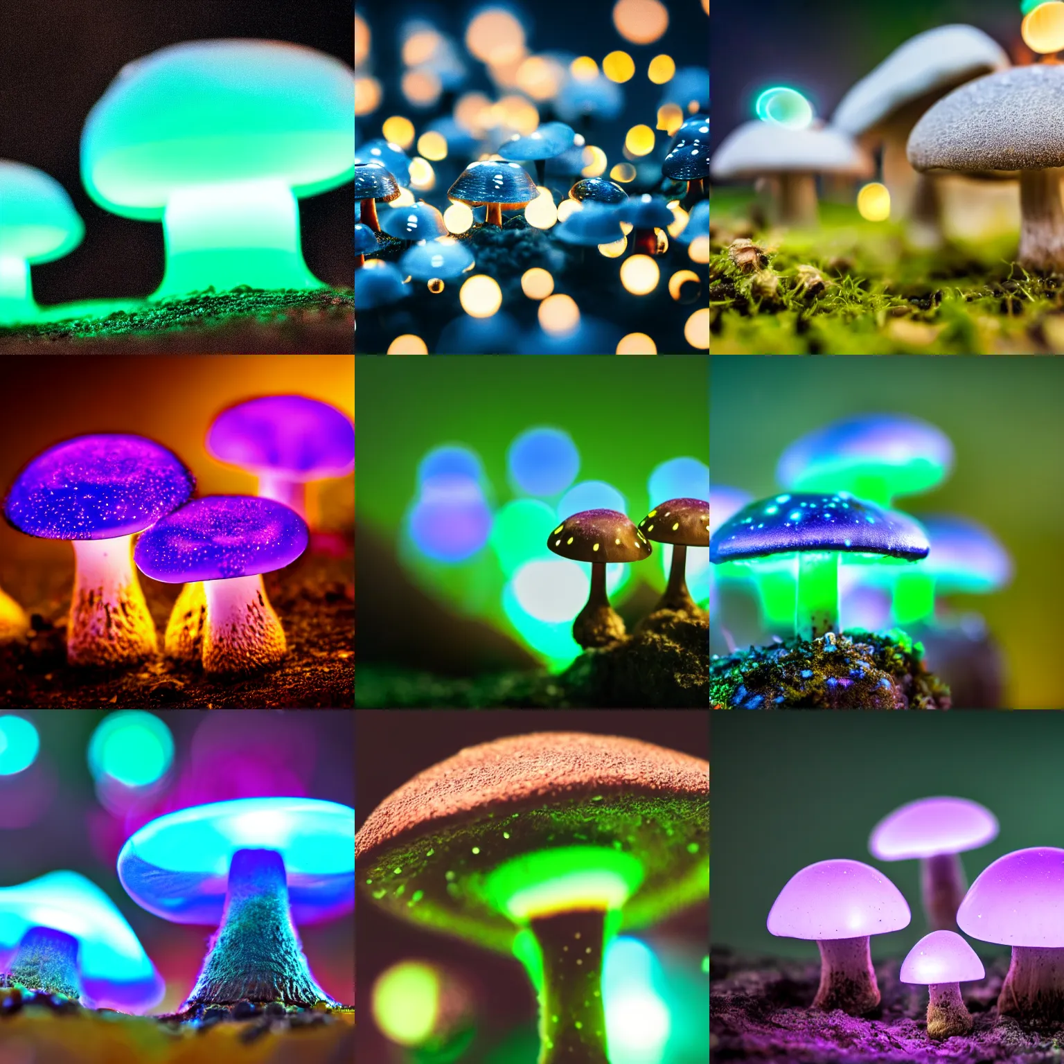 Prompt: a macro shot of bioluminescent mushrooms, dof, 4k, bokeh, acid pixie