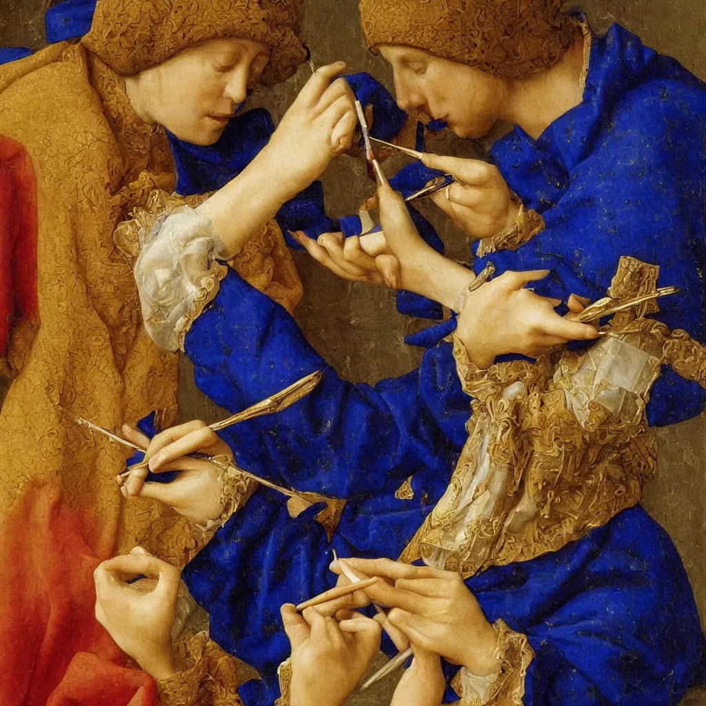Image similar to close up of the artist hands painting a miniature, lapis - lazuli. painting by jan van eyck