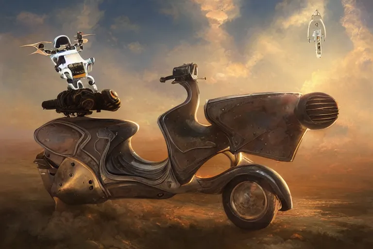 Image similar to an epic fantasy detailed illustration of an unmanned flying robotic vespa scooter among the clouds by alejandro burdisio and michael whelan, industrial, hydraulics, prosthetics, 4K, golden hour hues