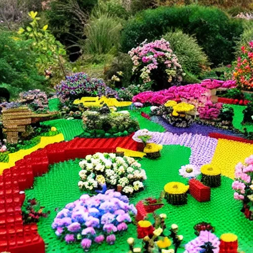 Image similar to a gorgeous garden on the edge of a cliff filled with beautiful flowers of all colors and from all around the world, fully in lego bricks