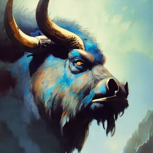 Image similar to angry blue bison portrait by greg rutkowski and frank frazetta, dark fantasy, blue, artstation