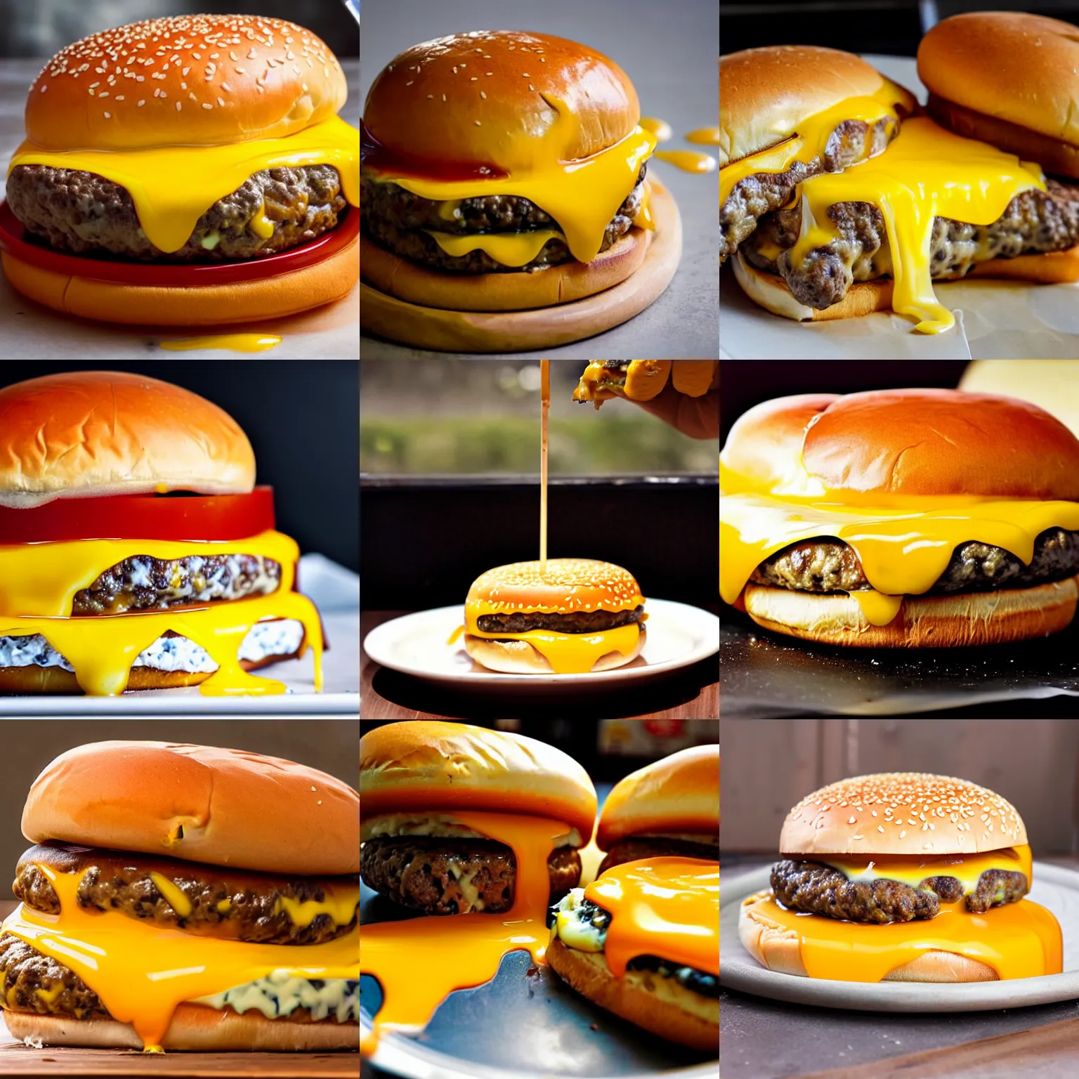 Prompt: cheeseburger with too much melted cheese, gooey cheese, overflowing cheese, cheese everywhere, puddle of cheese