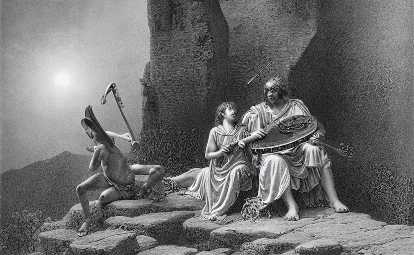 Prompt: the great greek warrior plays the lyre, his young friend listens beside him, the edge of the universe from the book of the long sun by gene wolfe, by gustave dore