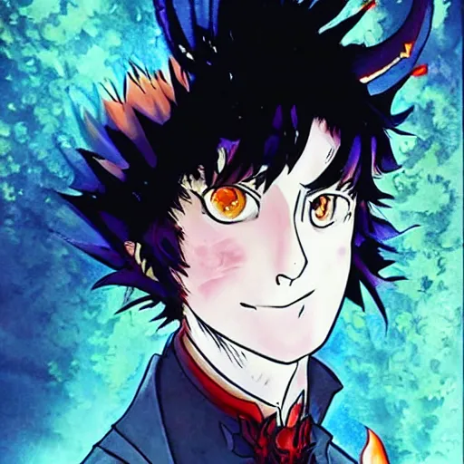 Image similar to portrait of Spike Spiegel fire Wizard Mage Wearing an obsidian vest whilst disguised as a devil atop the volcano uta natsume naoko takeuchi katsuhiro otomo Alexey Egorov Inio Asano sui ishida anime mangaka