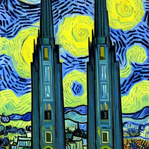 Image similar to twin towers painted by vincent van gogh, 4 k, high resolution, illustration, painting