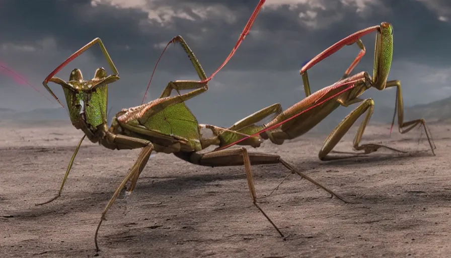 Prompt: big budget science fiction movie about an armored praying mantis with lasers shooting from its eyes