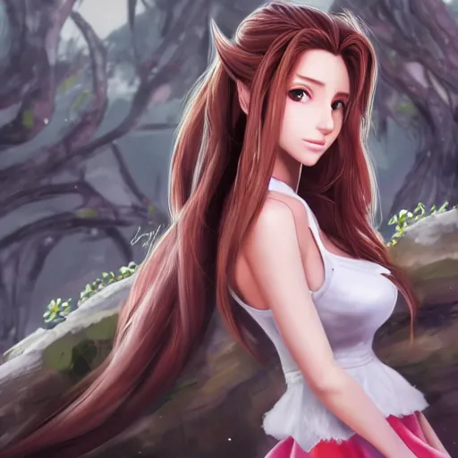 Image similar to high quality art of aerith aeris by logan cure, BangkuART, sakimichan, yan gisuka, zeronis, dan eder, nick silva, Ja Mong, 4k, artstation