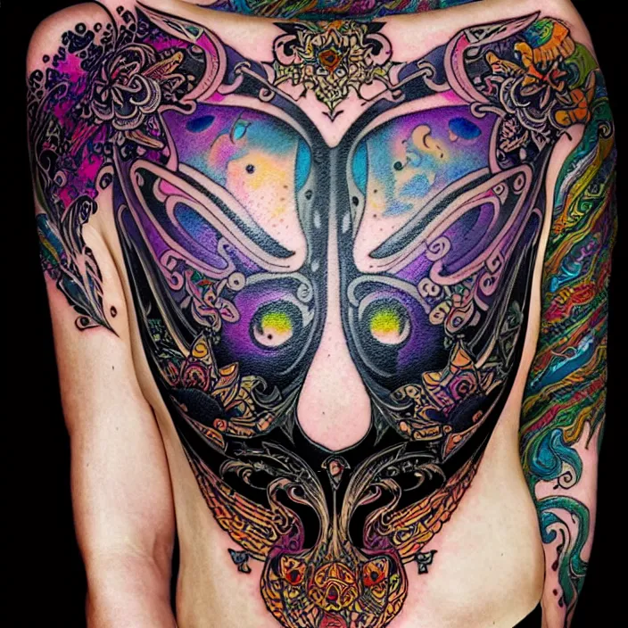 Prompt: extremely psychedelic tattoo design made of cressent moon and black bird, LSD tattoo design, diffuse lighting, fantasy, intricate, elegant, highly detailed, lifelike, photorealistic, digital painting, artstation, illustration, concept art, smooth, sharp focus, art by John Collier and Albert Aublet and Krenz Cushart and Artem Demura and Alphonse Mucha