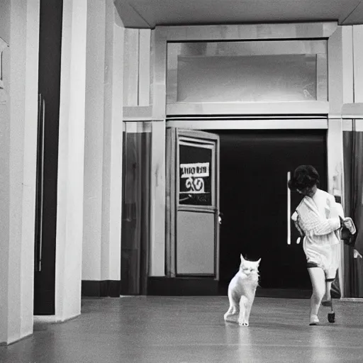 Prompt: detailed professional photographic portrait of young Sigourney Weaver wearing a white singlet and her cat moving apartment New York City 1983, building entrance way Art Deco,, cinematic feel, high octane