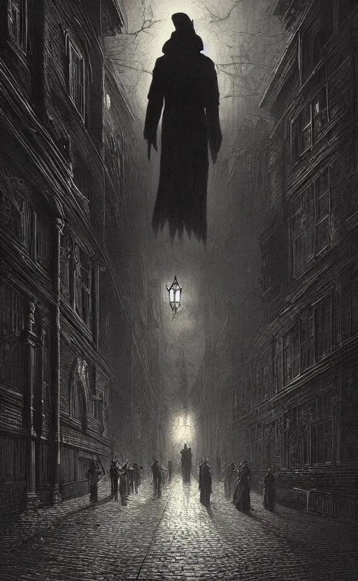 Image similar to A vampire lurks in the shadows of Victorian city in the night, illuminated by gas lamps, hyperdetailed, artstation trending, world renowned artists, worth1000.com, historic artworks society, antique renewel, cgsociety, by greg rutkowski, by Gustave Dore, Deviantart