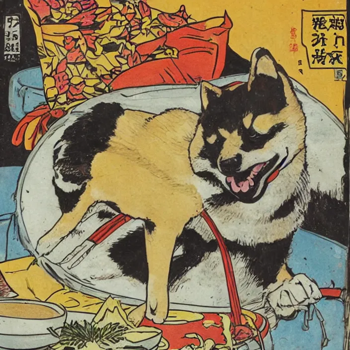 Image similar to comic book artwork of a shiba inu samurai eating a bowl of rice