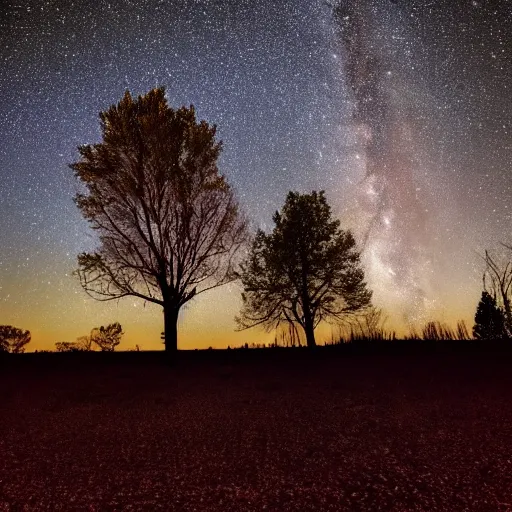 Prompt: calming relaxing trees silhouetted against a dark starry night sky from a distance