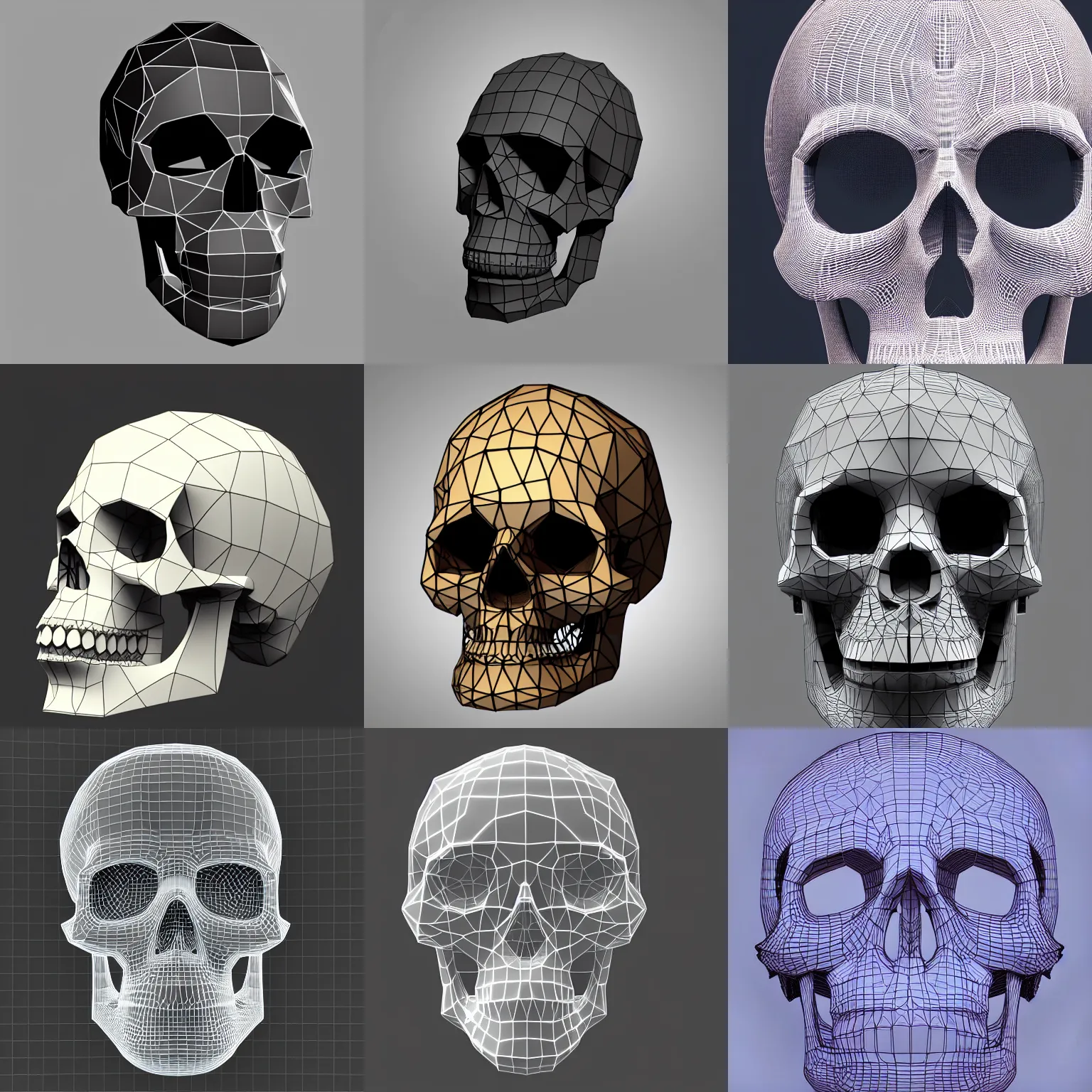 Prompt: skull, glowing low poly 3d wireframe