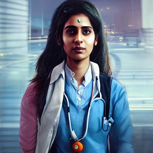 Image similar to Anxious beautiful young female Indian Doctor at Heathrow terminal, by Cedric Peyravernay, highly detailed, excellent composition, cinematic concept art, dramatic lighting, trending on ArtStation