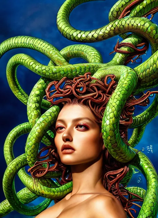 Prompt: photo of a medusa in the style of stefan kostic, realistic, full body shot in bikini, sharp focus, 8 k high definition, insanely detailed, intricate, elegant, art by stanley lau and artgerm, extreme bokeh foliage