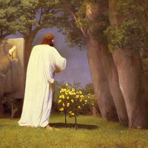 Image similar to A painting depicting the resurrection of Jesus Christ, (Jean Jules Linden), Peter Ilsted, (((flowers))), ((monolith))