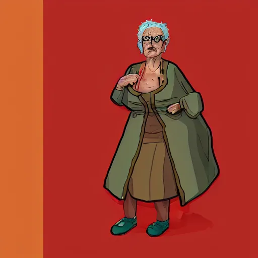 Prompt: An old lady with red skin, red skin, red skinned, in the style of Disco Elysium, Disco Elysium, Disco Elysium artwork, simple, concept art