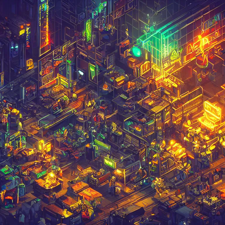 Image similar to fantastic lighting, pixel art, high detail, cyberpunk market, 2 d
