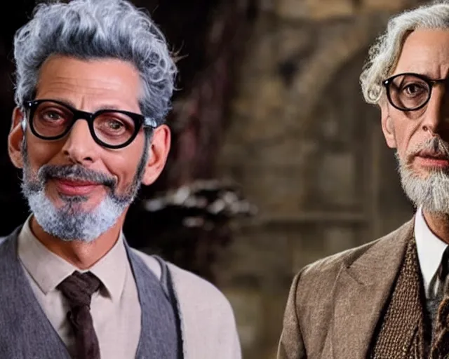 Image similar to jeff goldblum casted as dumbledore in a scene from harry potter