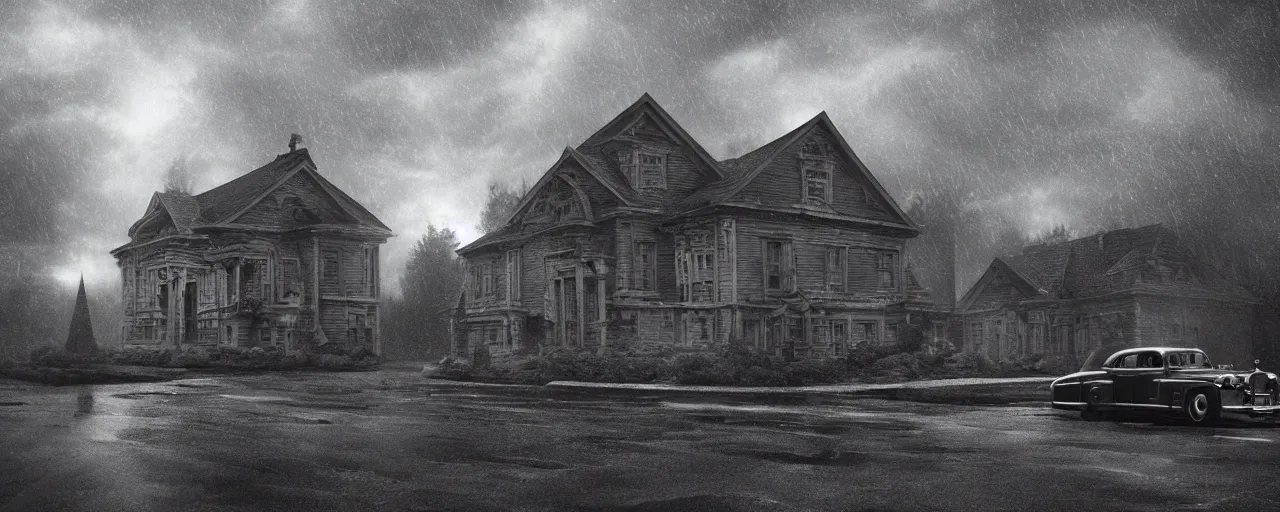 Image similar to Lovecraft Country, ultra detailed haunted house, ultra detailed storm clouds, dense rain, establishing atmospheric shot, octane renderer, unreal engine, F11 aperture, night, volumetric fog, detailed lighting and thunder, stormy weather, ultra detailed rain drops, reflections, film grain, single ultra detailed grey 1948 Packard Station Sedan parked in the street,